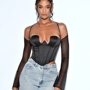 Pixie Black Mesh Sleeve Halter Corset Satin Top